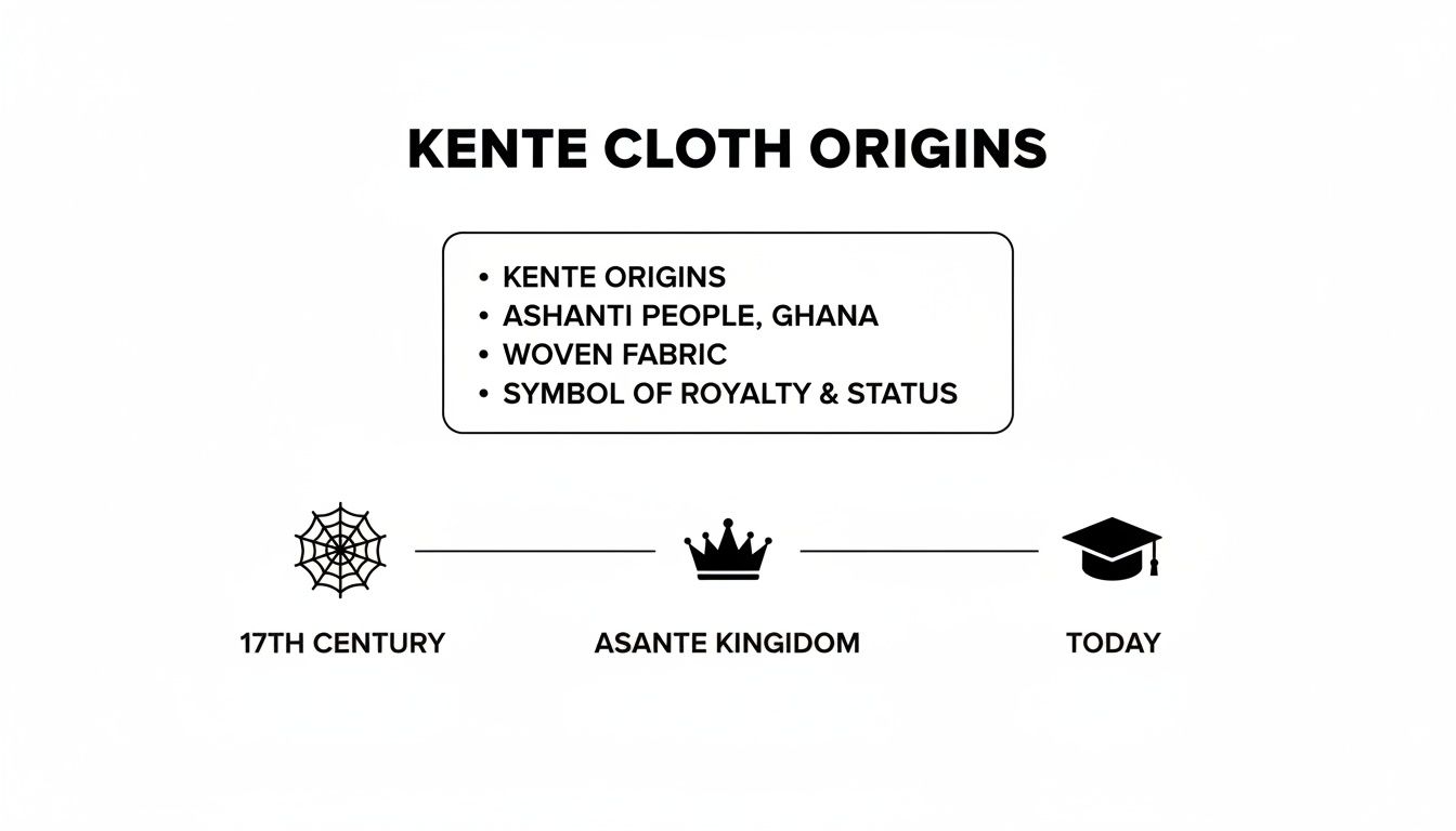 Diagram detailing Kente cloth origins, from the Ashanti people of Ghana, as a symbol of royalty, evolving to today.