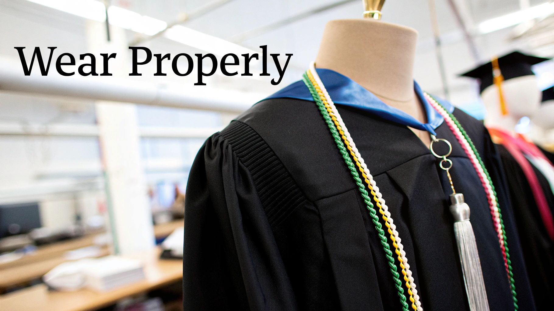 Close-up of academic regalia on a mannequin: black graduation gown, blue stole, and colorful honor cords.