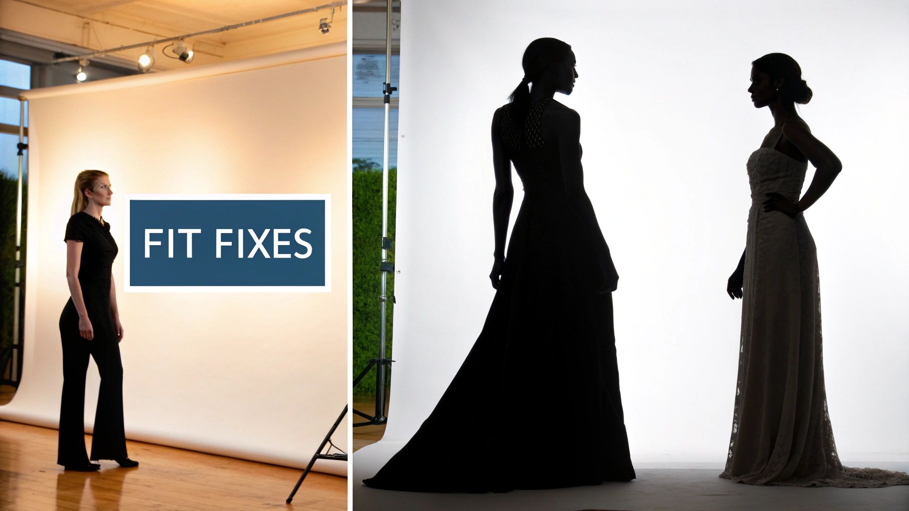 Professional fashion fitting session showing woman in black outfit viewing formal gowns and dress silhouettes