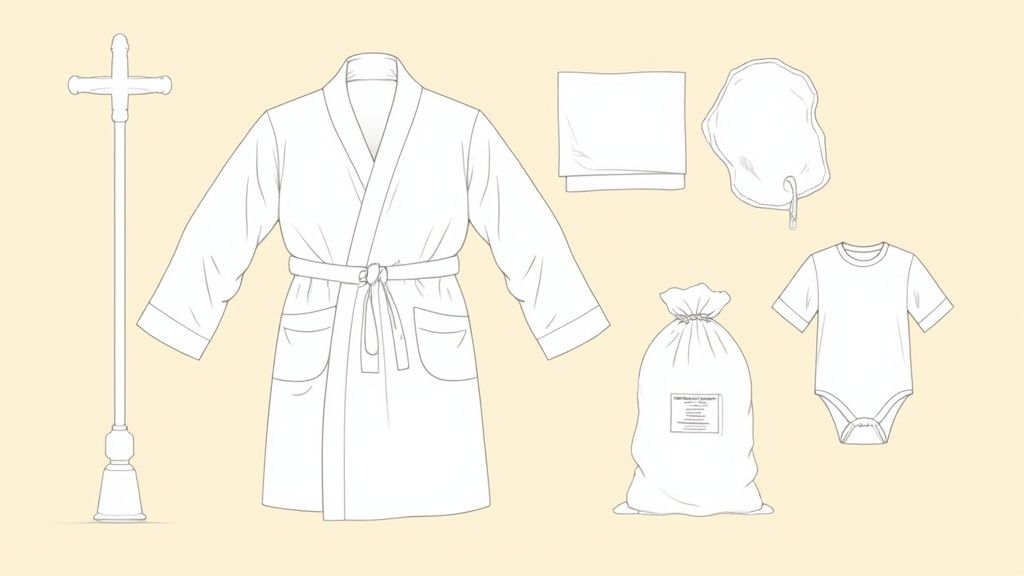 Line art showing a cross, a white bathrobe, a folded towel, a medical bag, a baby onesie, and a drawstring bag.