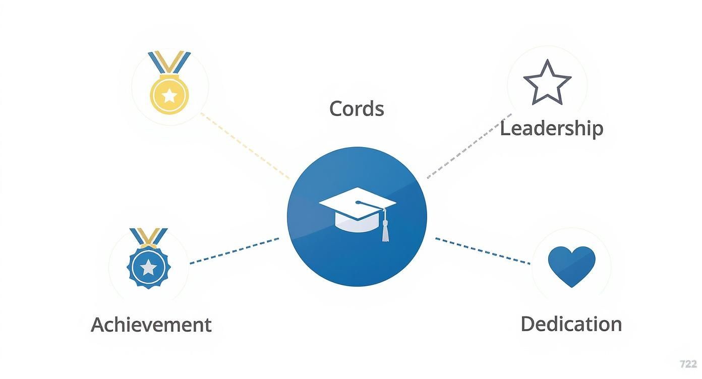 Diagram illustrating a graduation cap surrounded by icons representing cords, leadership, achievement, and dedication.