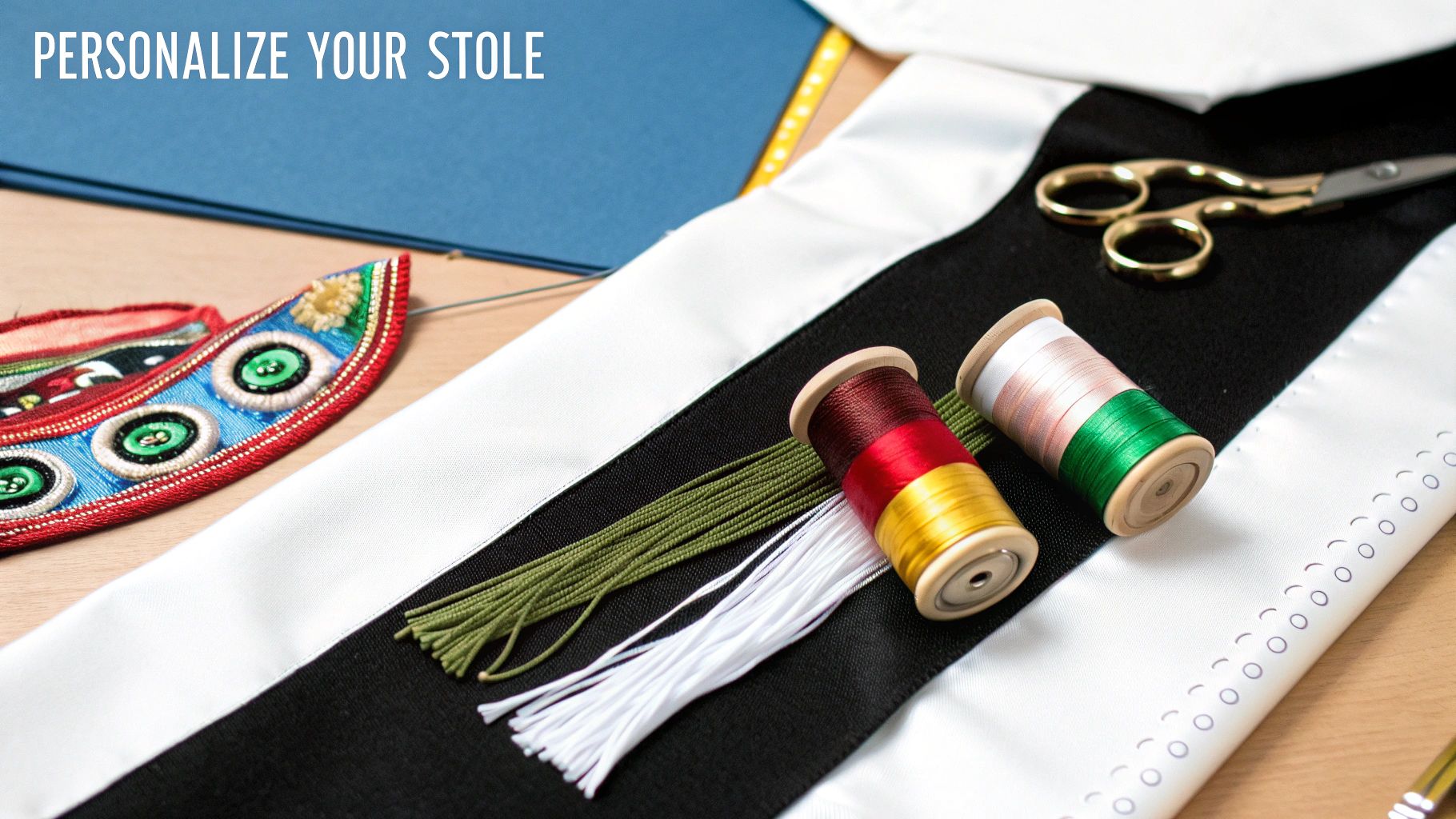 A graduate personalizing their vibrant Hispanic graduation stole with custom embroidery.