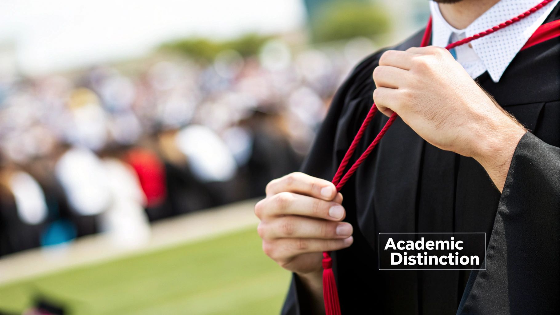 A graduate adjusts a red honor cord on their black gown at a blurred outdoor ceremony.