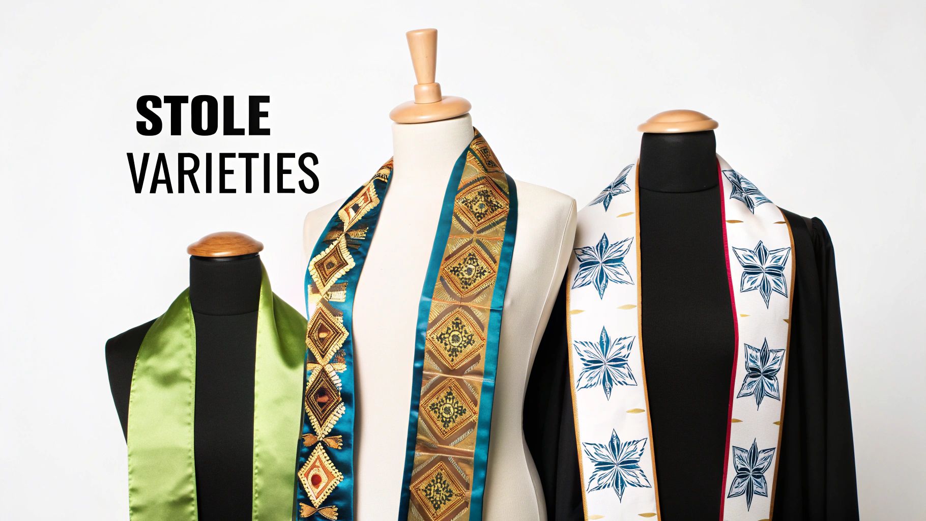 Three mannequins display various colorful and patterned graduation stoles, highlighting different designs and styles.