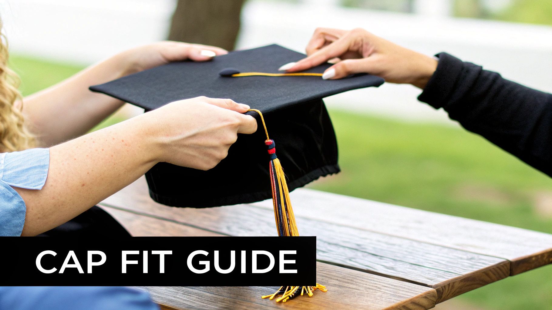 Two sets of hands adjusting a black graduation cap with a colorful tassel, demonstrating a cap fit.