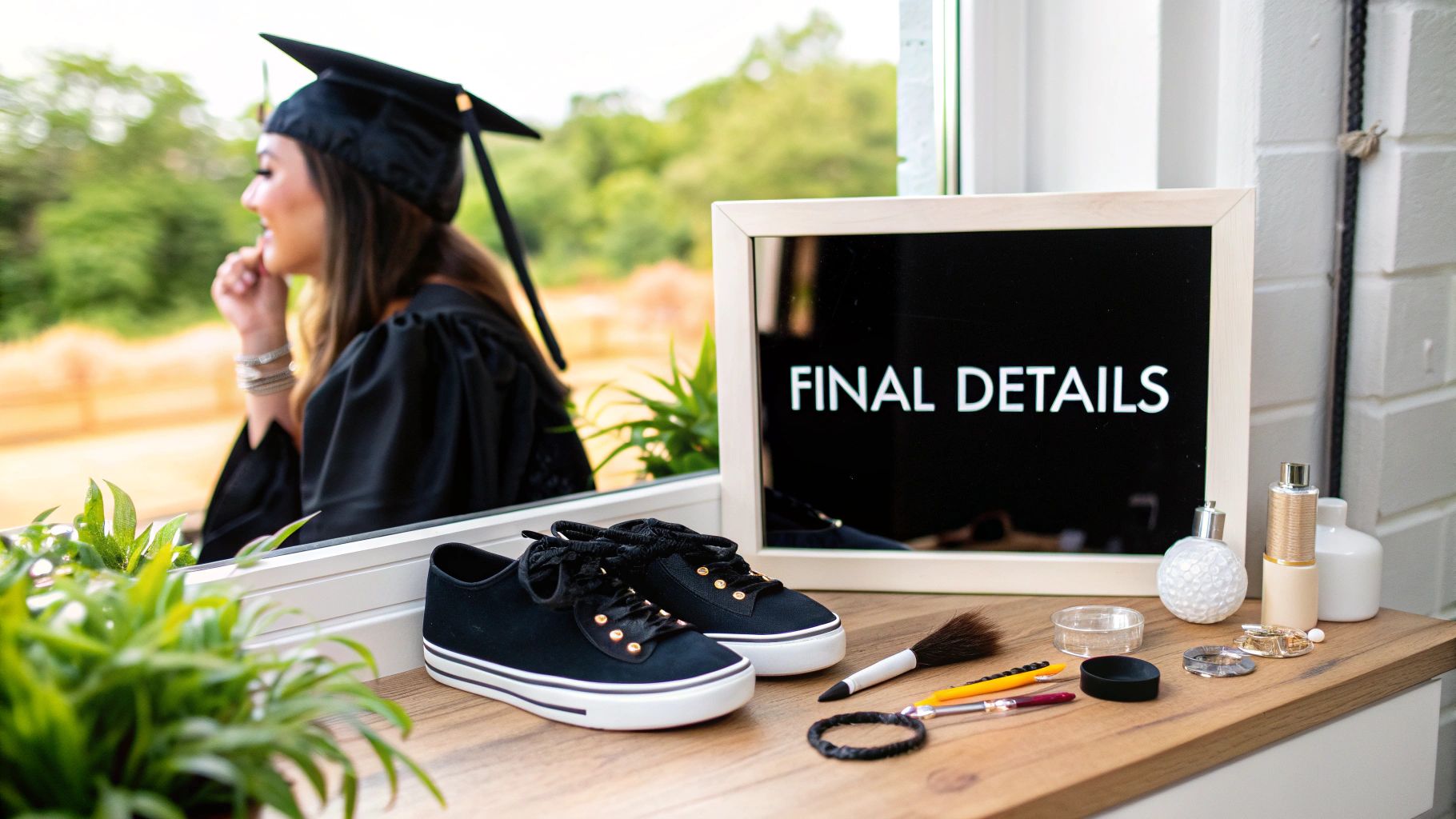 A graduate's decorated cap with flowers and the message 'The Best is Yet to Come' sits on a wooden table next to a diploma and a graduation stole.