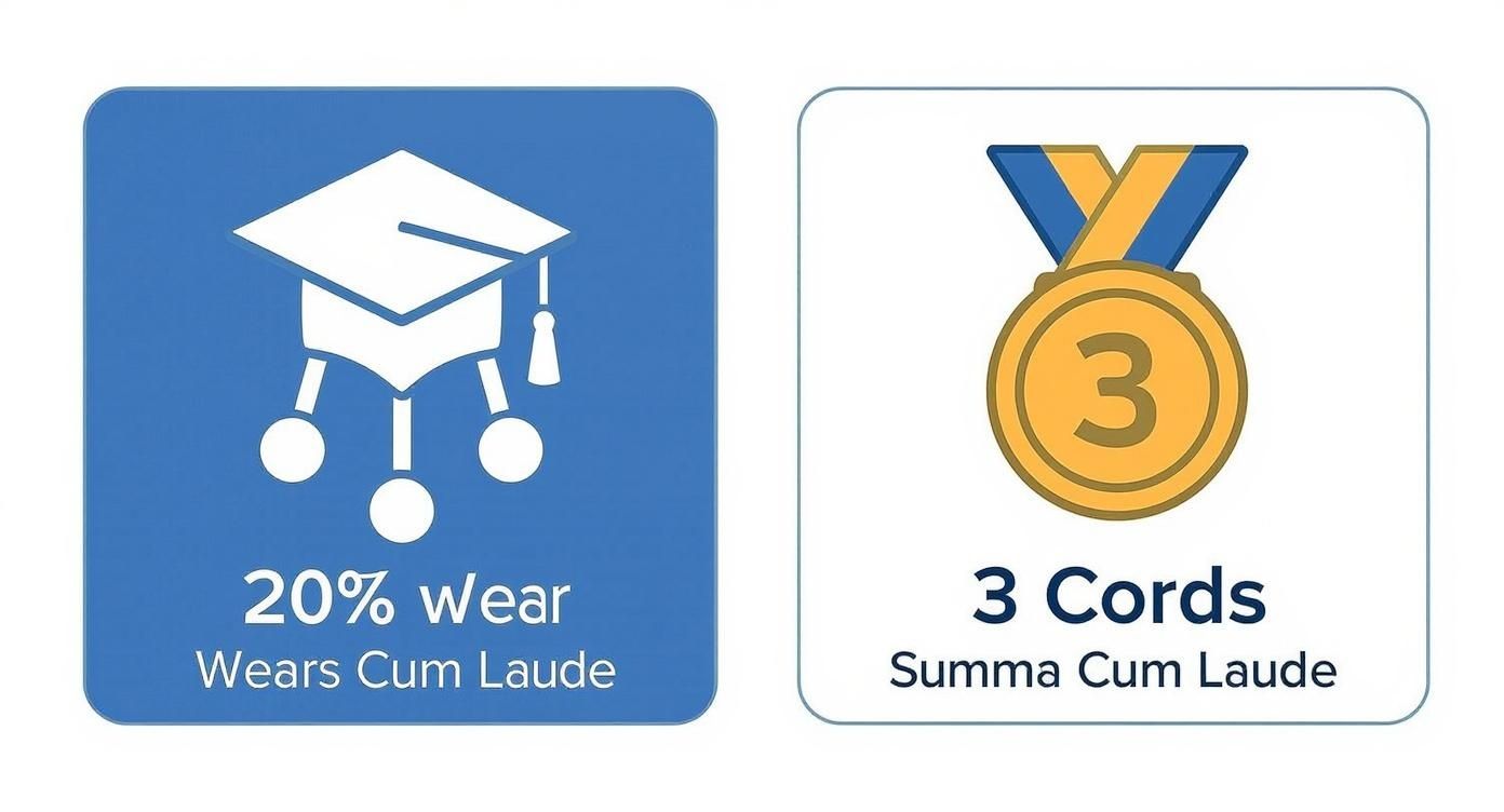 Graduation honor cord distinctions showing cum laude with twenty percent wear and summa cum laude with three cords
