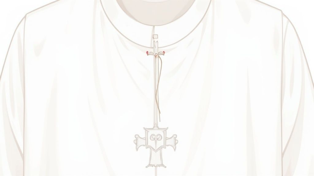 White baptismal robe with a distinctive cross pendant, secured by a red-tipped cord at the neckline.
