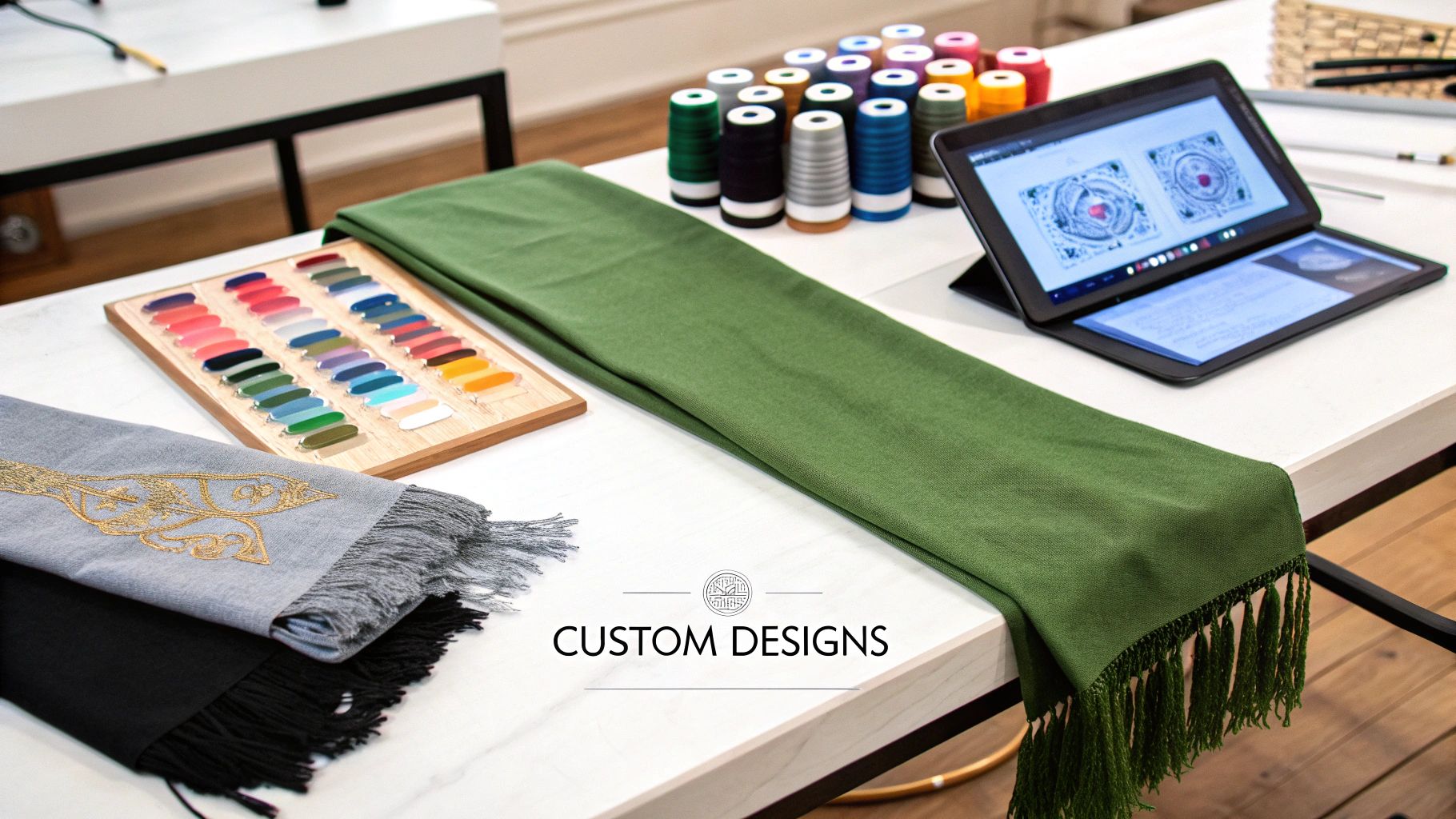 Tabletop display featuring custom design elements: green fabric, color swatches, thread spools, and a tablet showing designs.