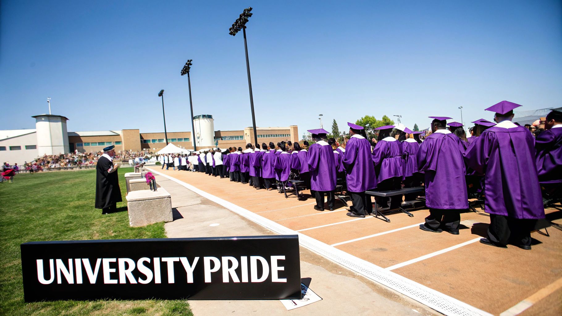 Graduates in purple gowns celebrating at their ceremony.