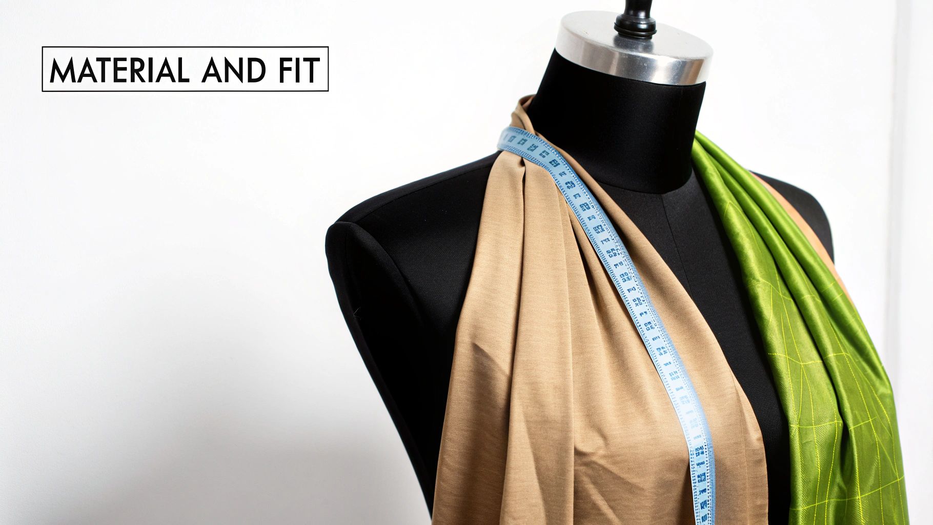 A black tailor's mannequin displays beige and green fabric samples draped with a blue measuring tape.