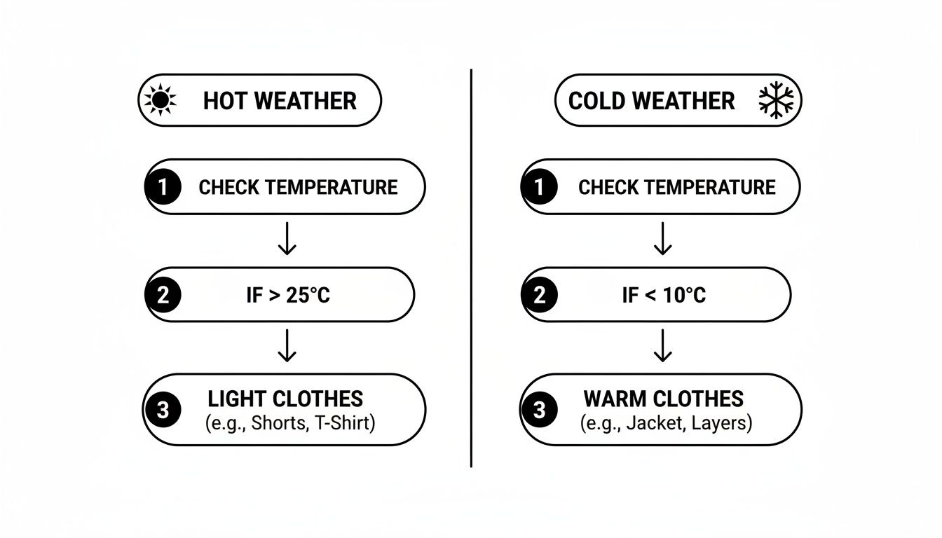 Decision tree for dressing in hot (>25°C) or cold (<10°C) weather, recommending light or warm clothes.