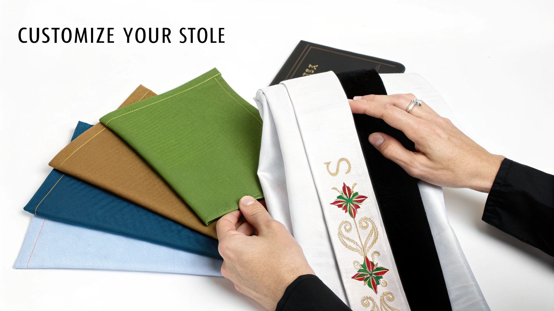 Hands selecting fabric swatches to customize a stole, featuring various colors and an embroidered white stole.