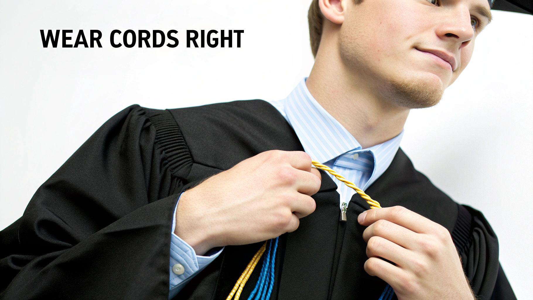 A young man in a graduation gown adjusts yellow and blue honor cords around his neck, with text 'WEAR CORDS RIGHT'.