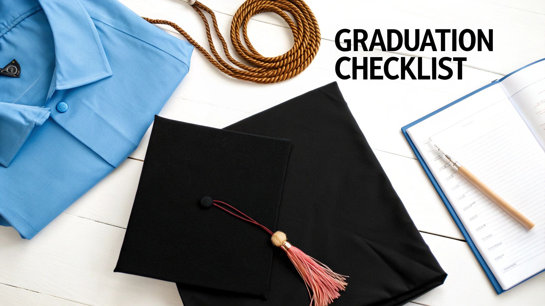Flat lay of a graduation checklist with a blue shirt, cap, gown, and notebook on a white wooden background.