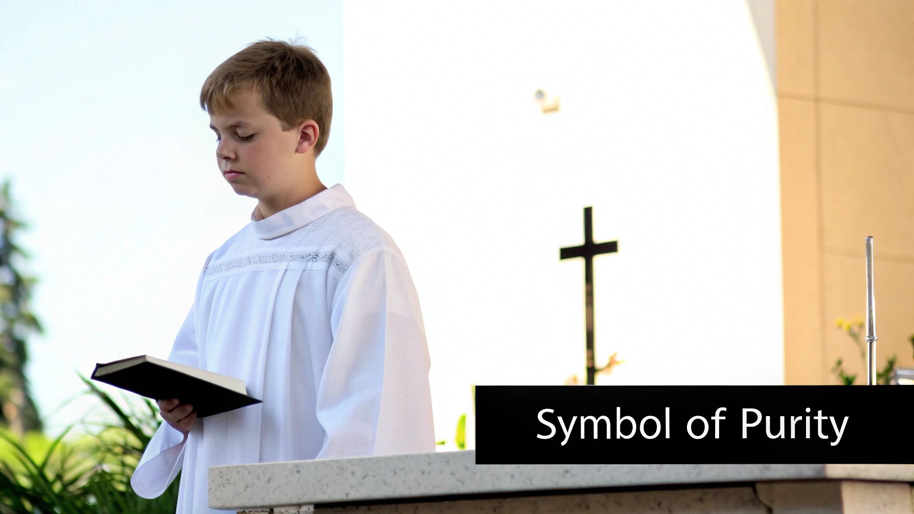 A young boy in a white alb holds a book during a ceremony, with a cross in the background, symbolizing purity.