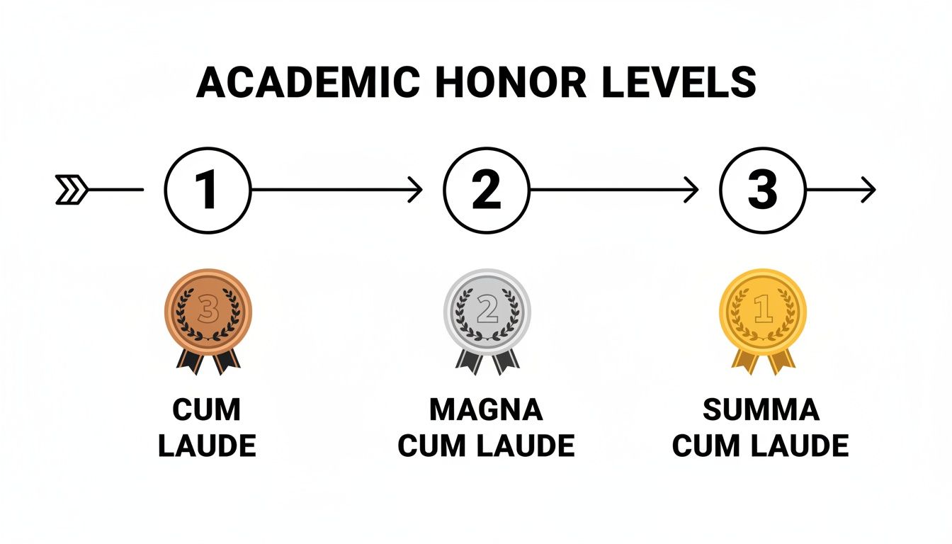 Academic honor levels progression with Cum Laude, Magna Cum Laude, and Summa Cum Laude awards.