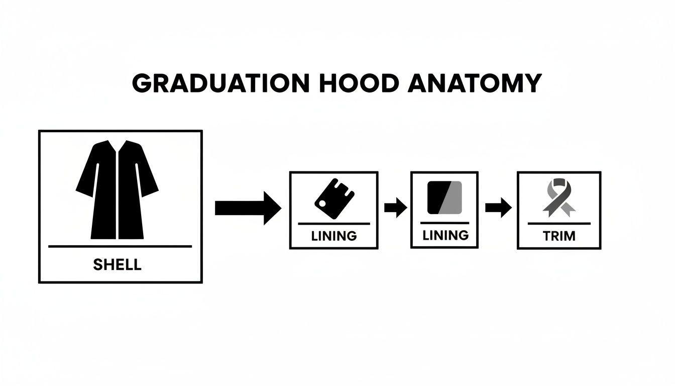 Diagram illustrating the components of a graduation hood, including the shell, lining elements, and trim.