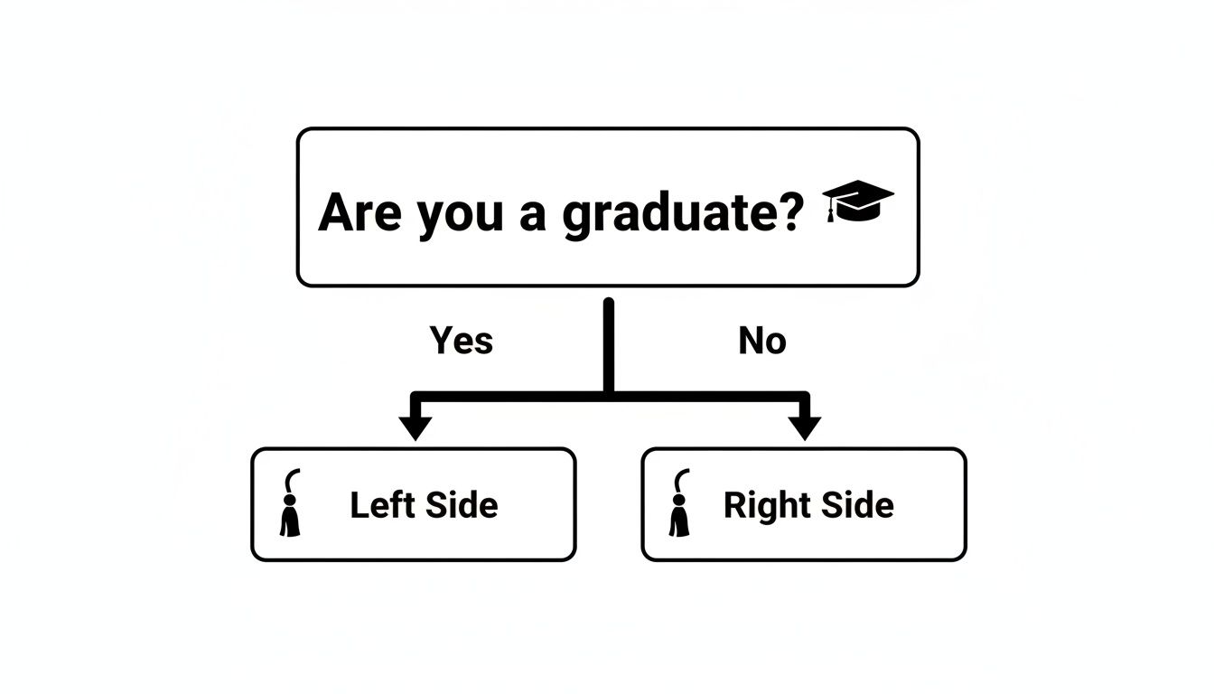 Flowchart asking 'Are you a graduate?', with 'Yes' leading to 'Left Side' and 'No' to 'Right Side', featuring academic icons.