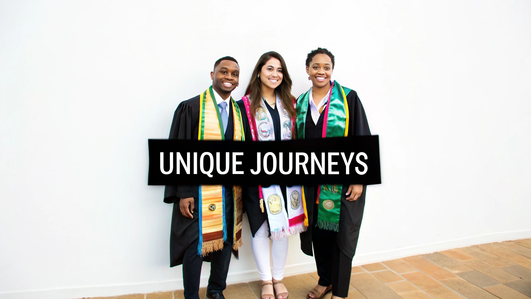 Graduates showing off their specialty honor cords and stoles.