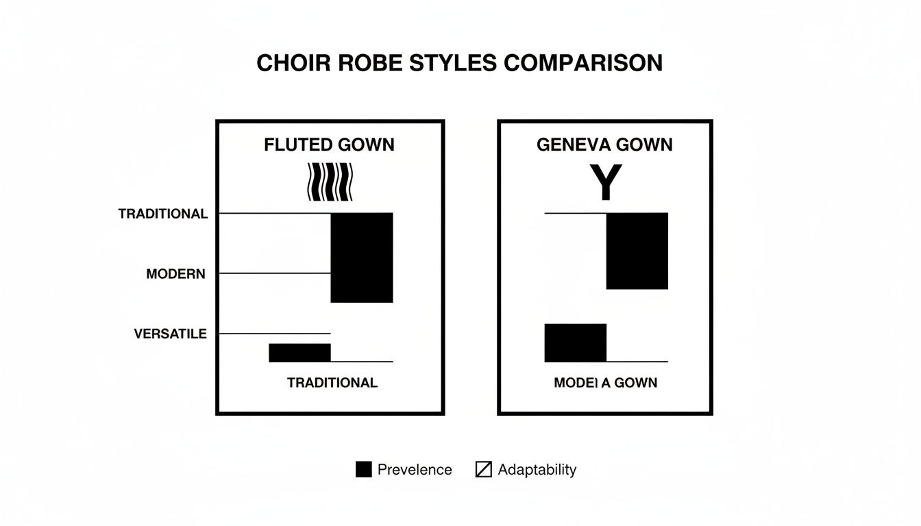 Bar chart comparing fluted and Geneva choir robe styles by prevalence and adaptability across traditional, modern, and versatile categories.