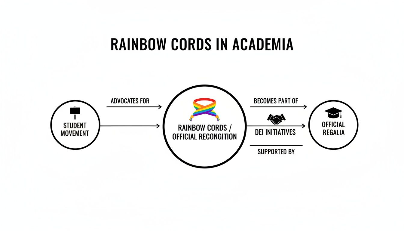 Flowchart illustrating how student movements advocate for rainbow cords to become official academic regalia through DEI initiatives.