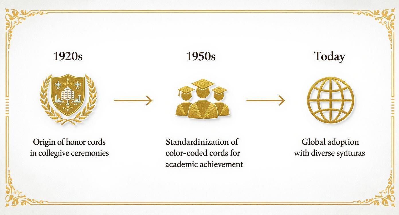 A timeline illustrating the evolution of honor cords for academic achievement from origin to global adoption.