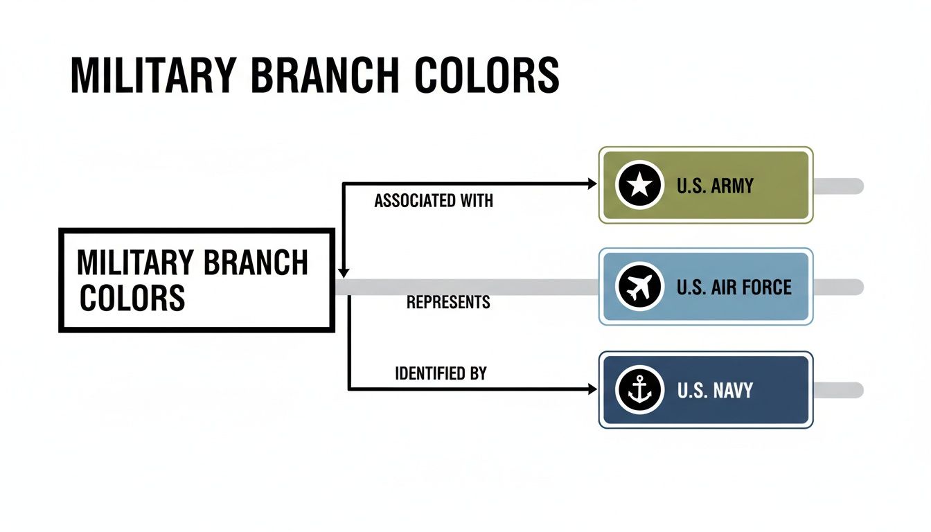 Diagram illustrating military branch colors: U.S. Army (green), U.S. Air Force (blue), U.S. Navy (dark blue) with symbols.