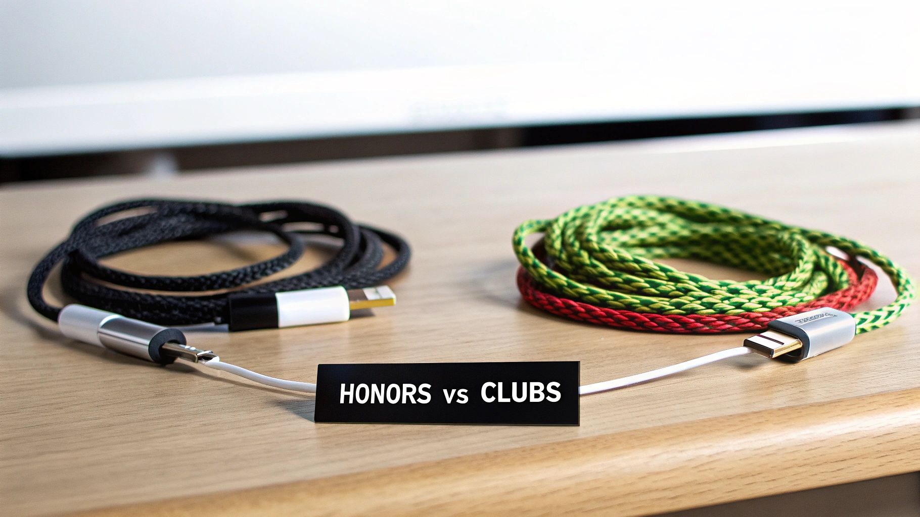 Two coiled braided cables, one black and one green/red, connected by a white cable with 'HONORS vs CLUBS' label.