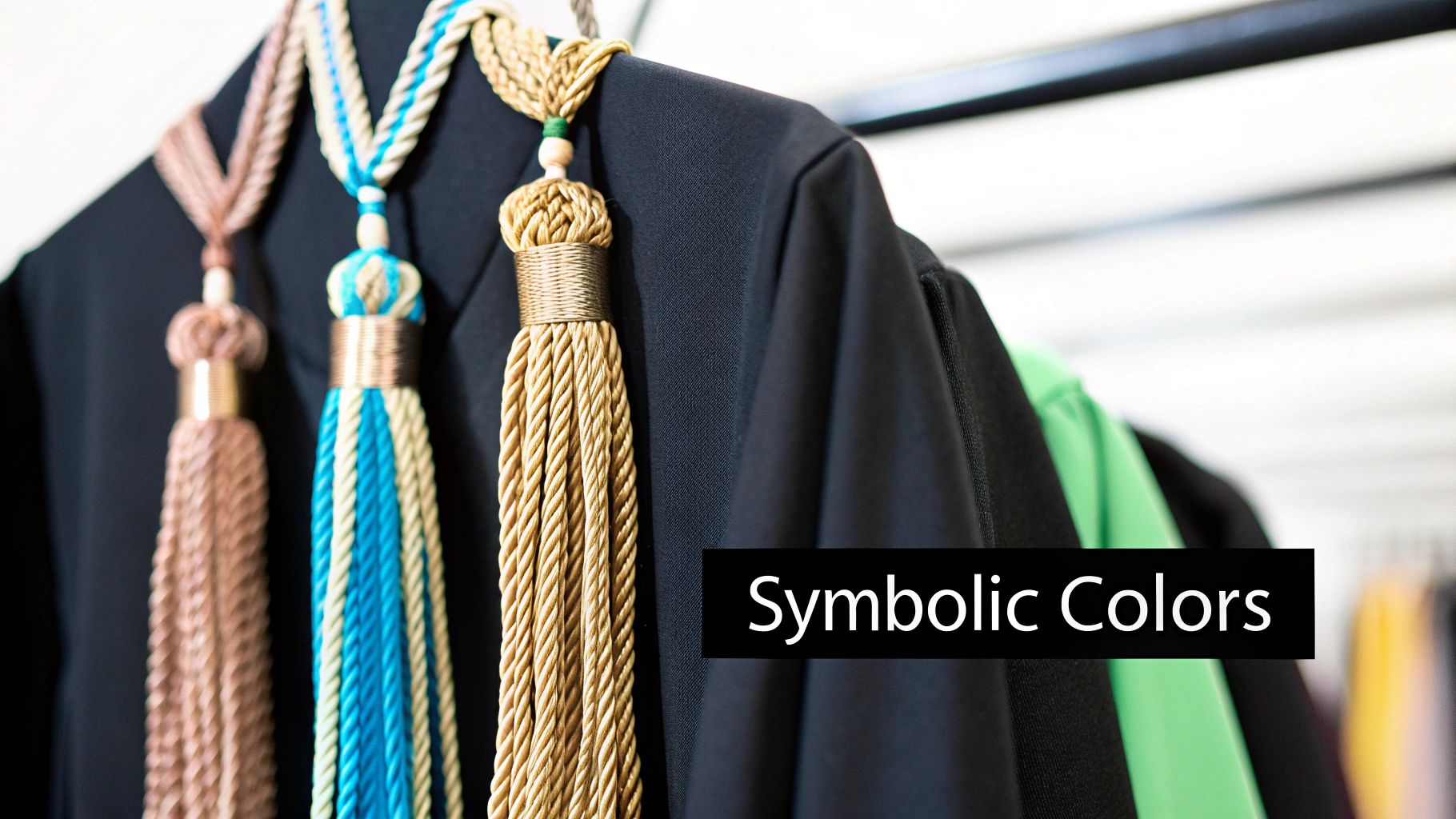 Three academic honor cords with tassels in rose gold, blue/cream, and gold hanging on black graduation gowns.