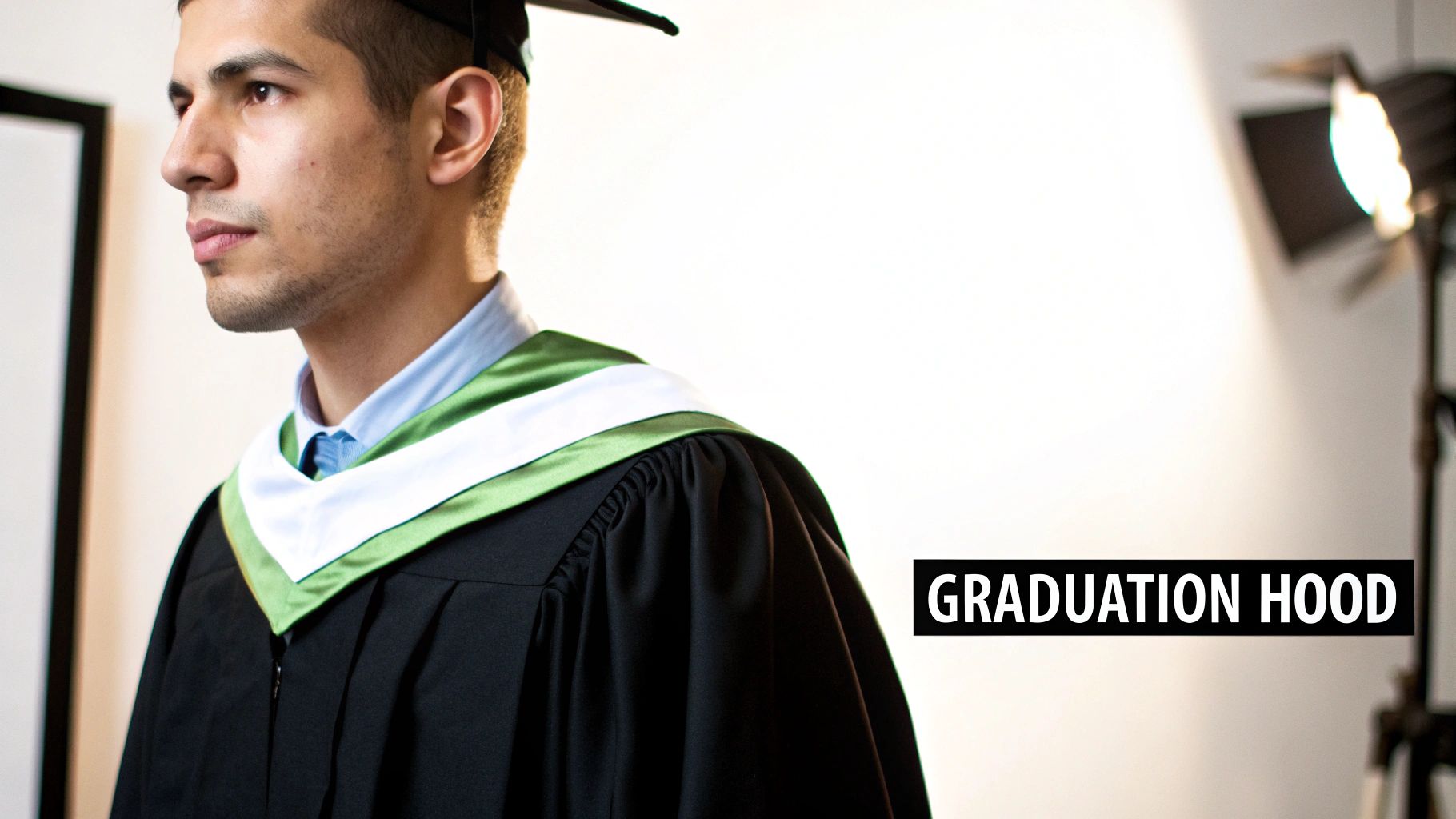 A male graduate wearing a black gown, light blue shirt, and a green and white academic hood.