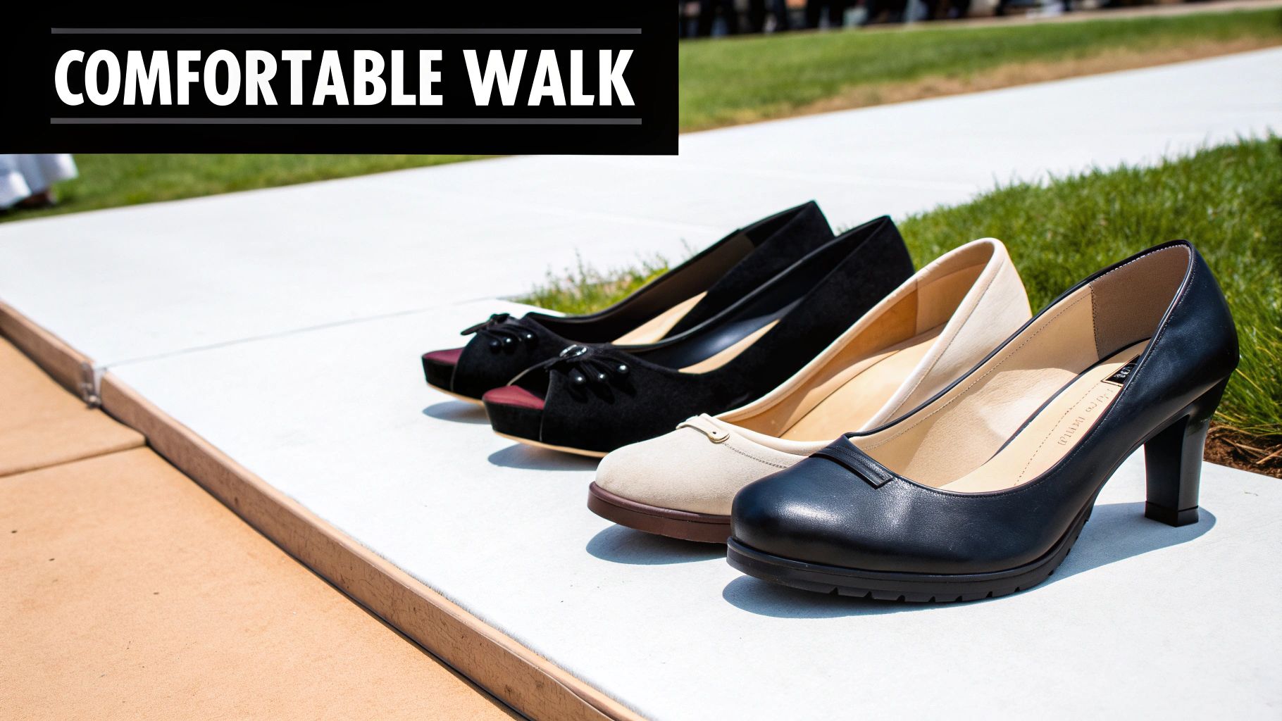 Four pairs of women's dress shoes, including black and beige heels, lined up on a walkway.