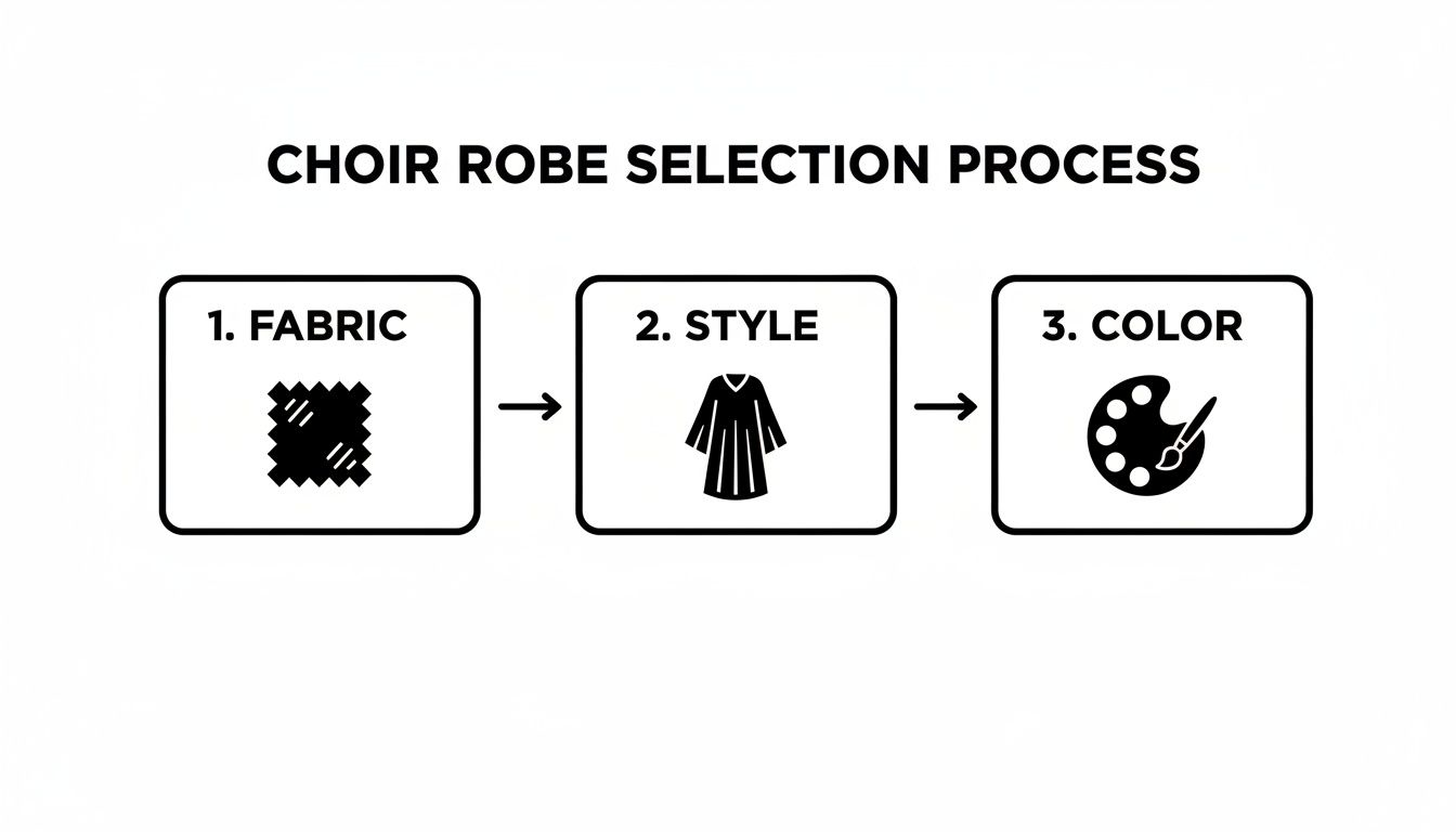 Diagram illustrating the three-step choir robe selection process: fabric, style, and color.
