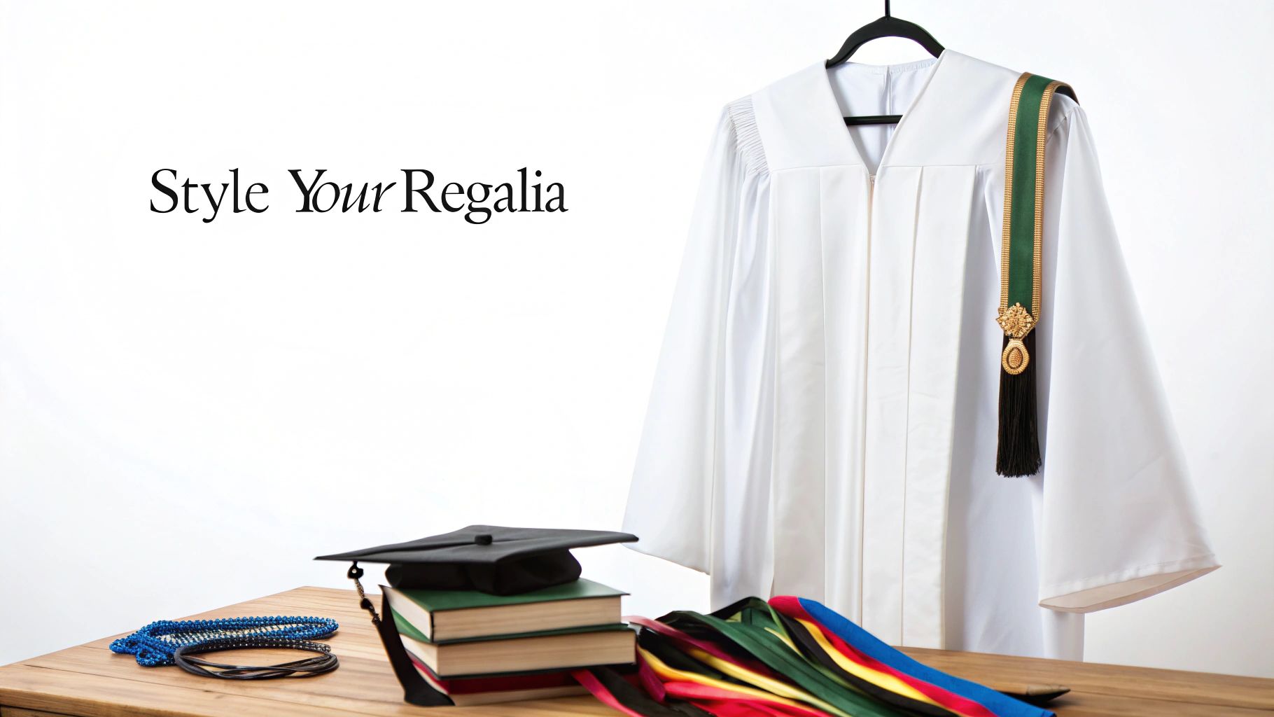 A group of graduates wearing white gowns with colorful stoles and cords.
