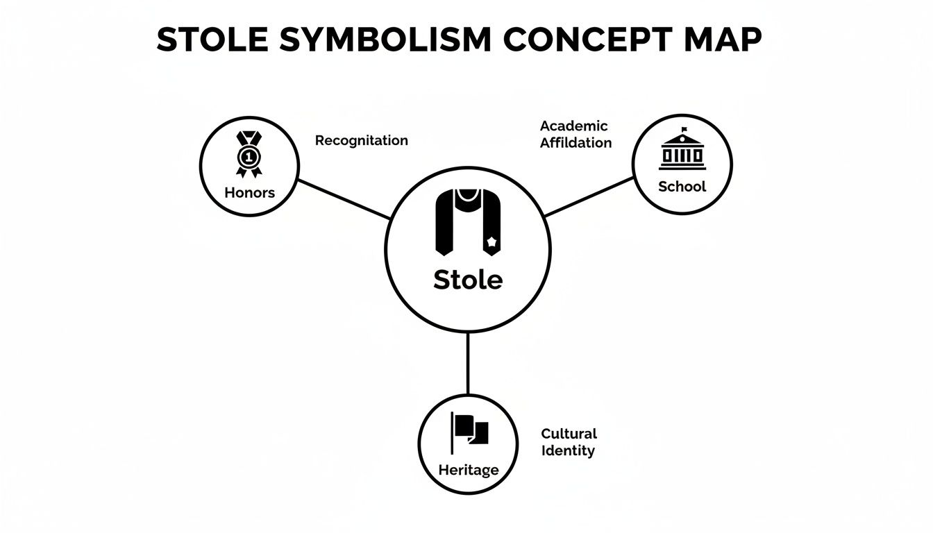 Concept map illustrating the symbolism of a stole, connecting it to honors, academic affiliation, and cultural identity.