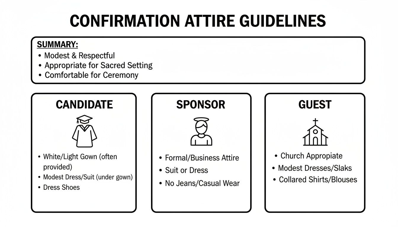 Confirmation attire guidelines graphic showing dress codes for candidates, sponsors, and guests.