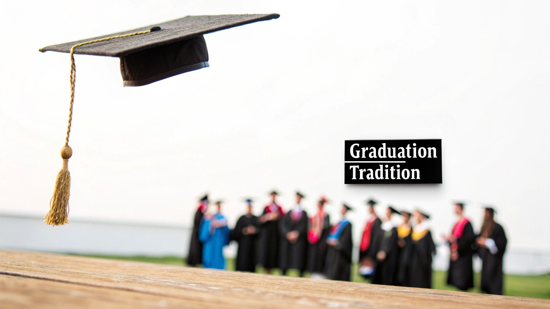 A large group of graduates throwing their hats in the air at a graduation ceremony.