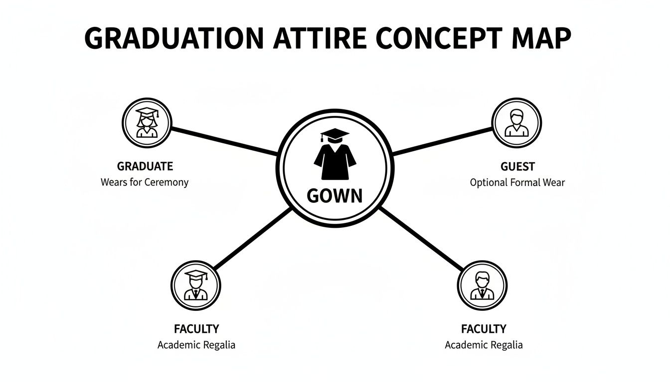 A concept map showing graduation attire. A gown is central, connected to graduate, guest, and faculty.