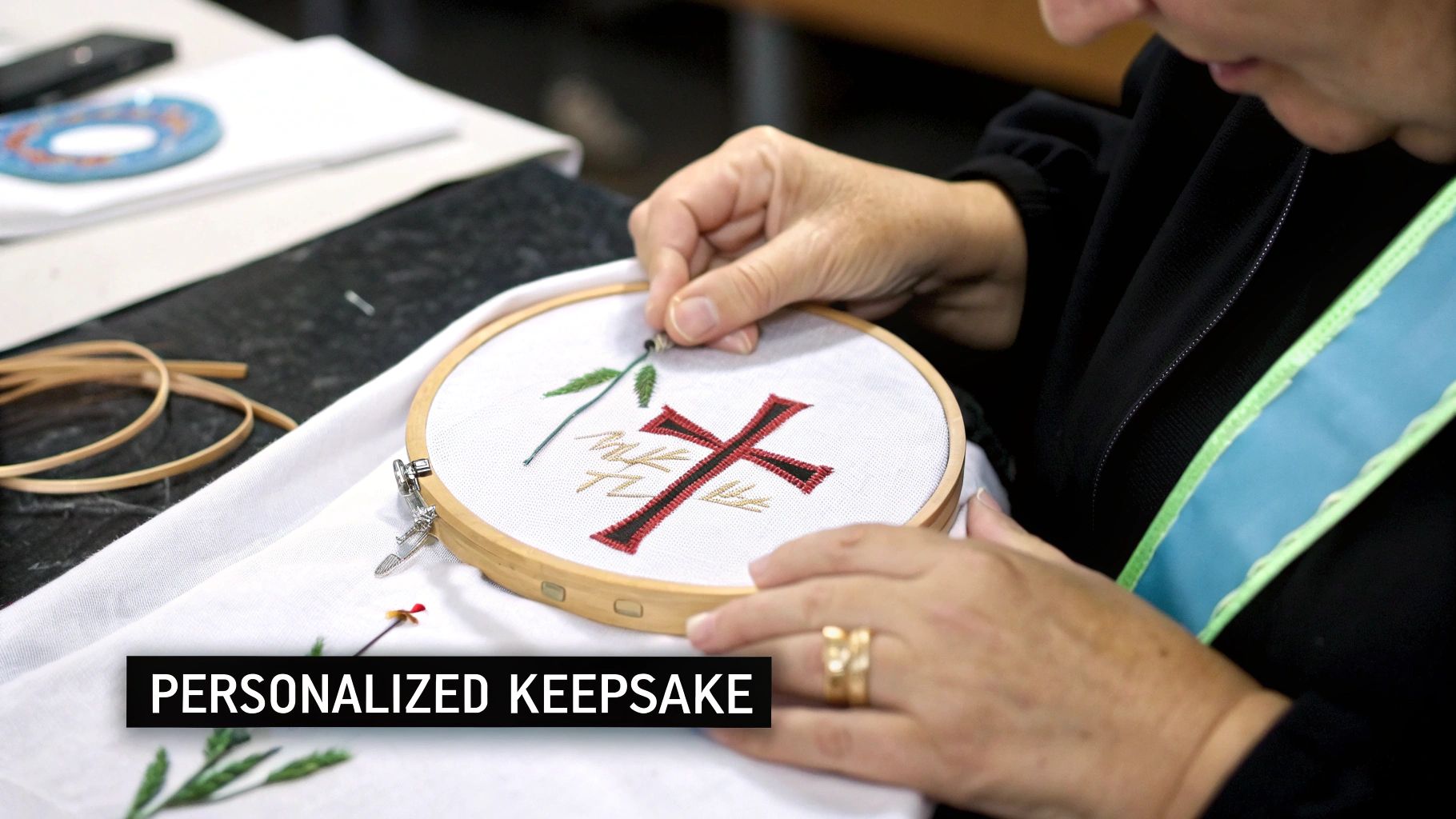 A person's hands carefully embroidering a personalized keepsake featuring a red cross and green leaf on white fabric.