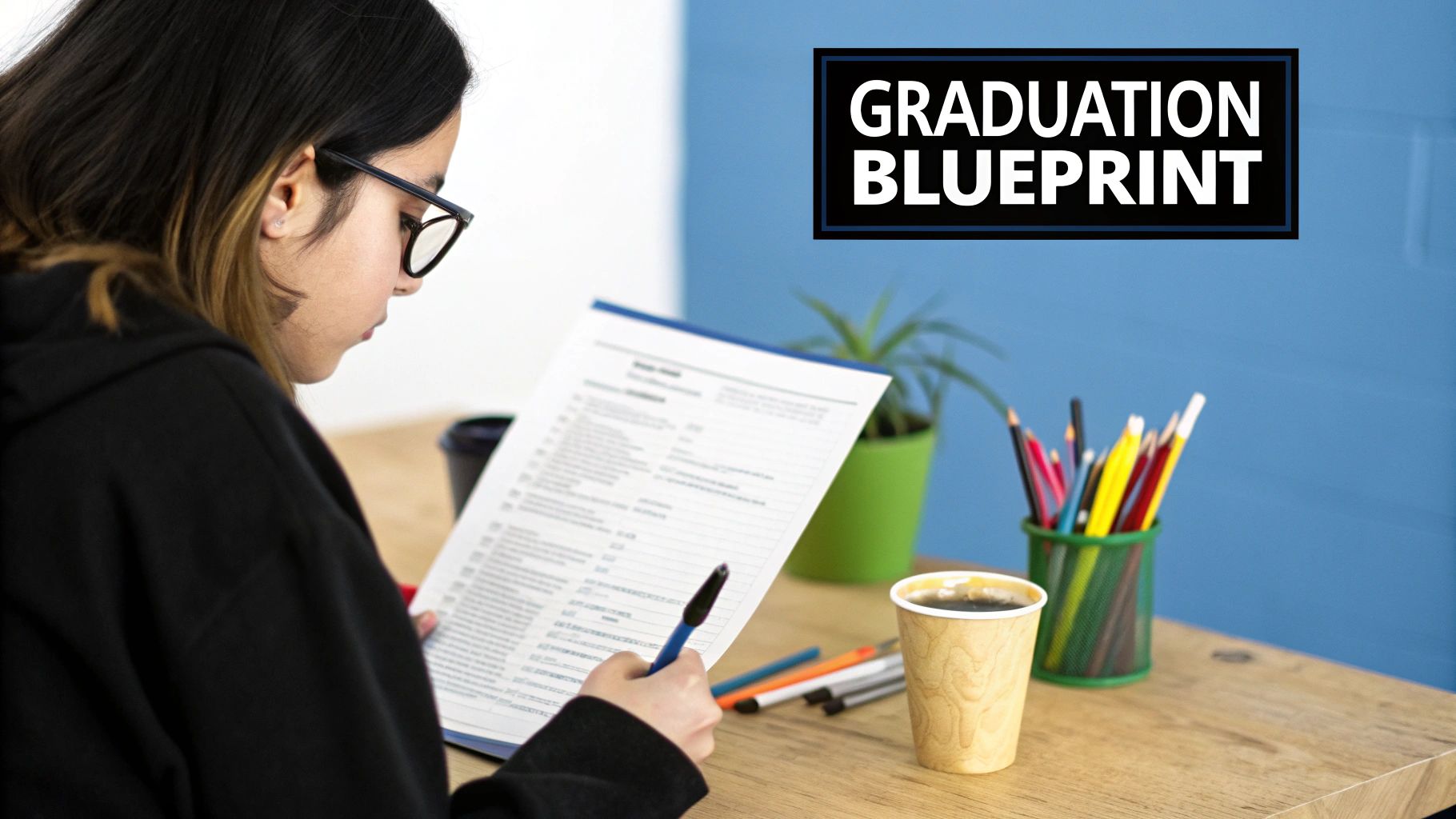 A student in glasses reviews a 'Graduation Blueprint' document with a pen, coffee, and pencils on a desk.