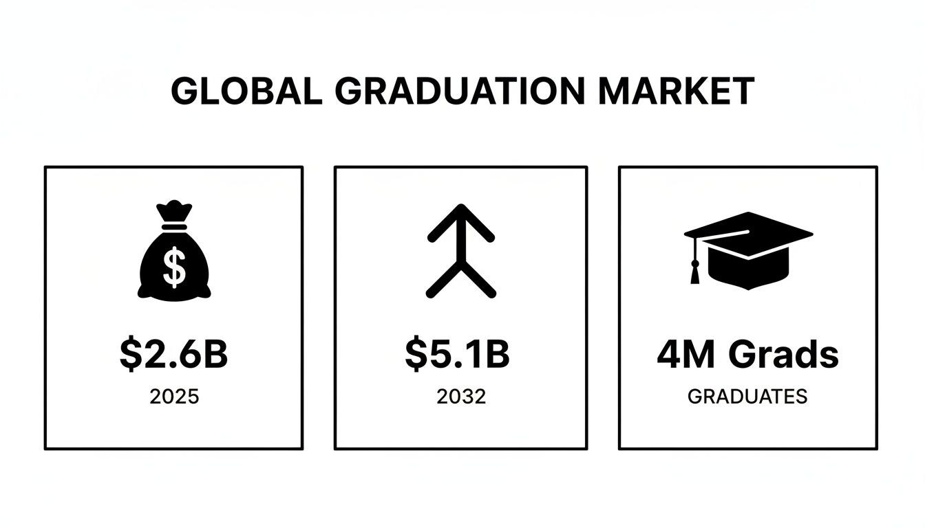 Global graduation market statistics show $2.6B in 2025, projected to reach $5.1B by 2032, with 4M graduates.