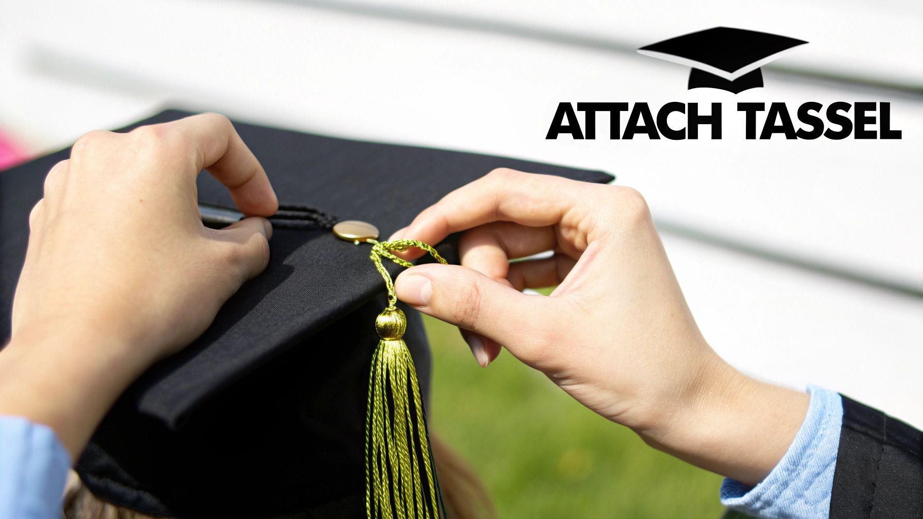 Student hands attaching gold tassel to black graduation cap with instructional text overlay