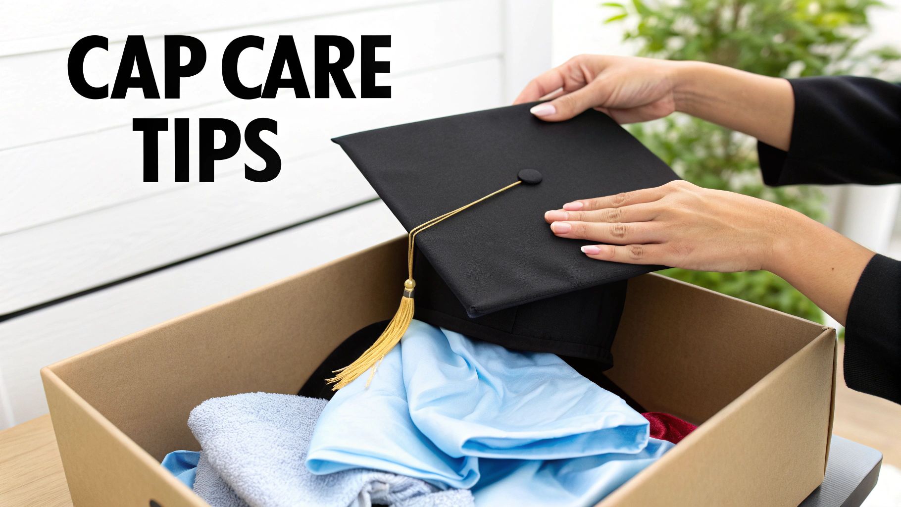 A graduate's green cap and gown hanging up in preparation for the ceremony.