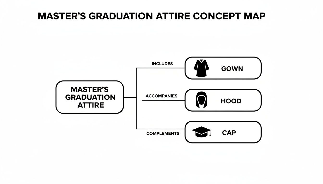 A concept map showing master's graduation attire components: gown, hood, and cap.