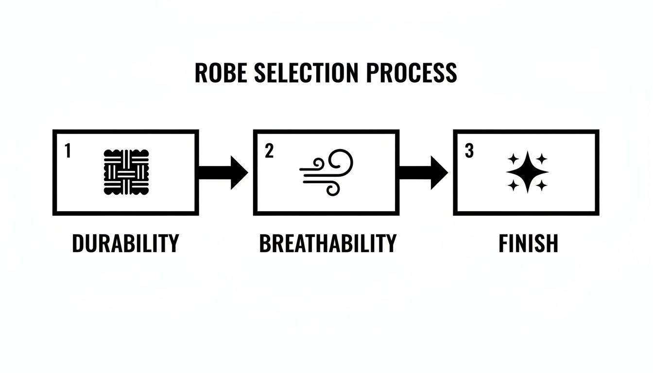 Robe selection process diagram showing steps for durability, breathability, and finish.
