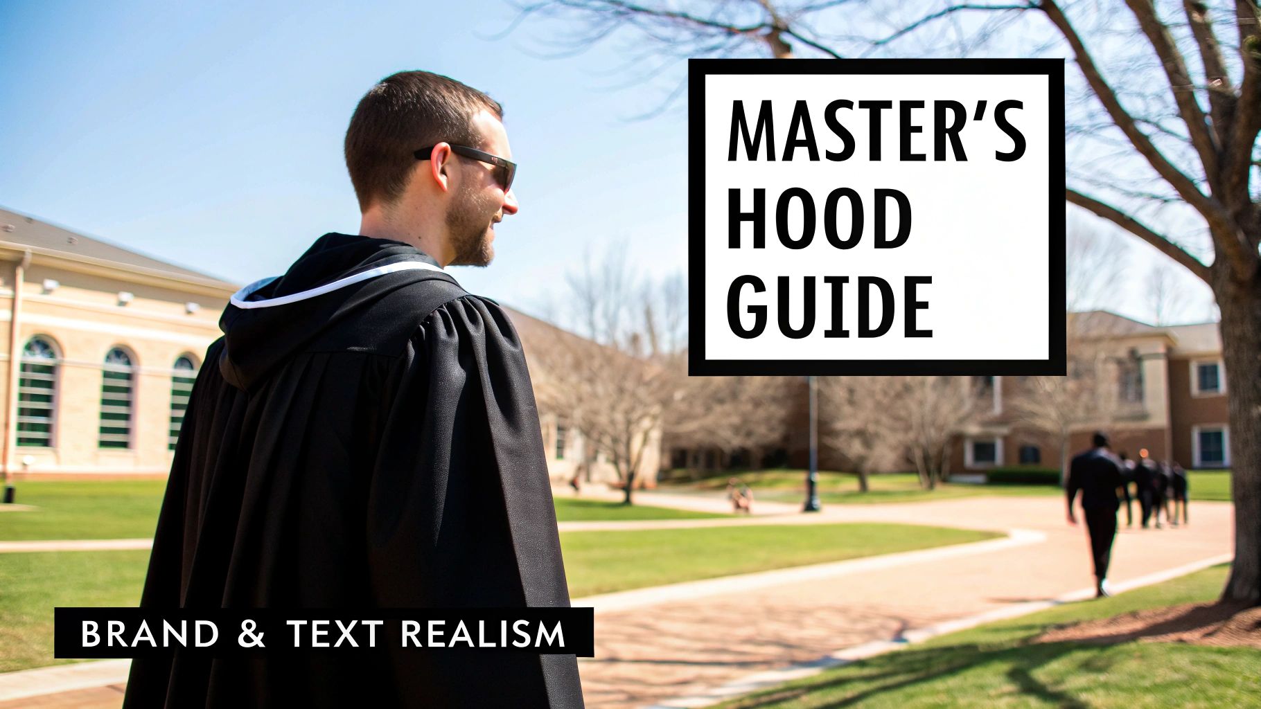 A graduate in a black gown and sunglasses stands on a sunny campus with a Master's Hood Guide overlay.