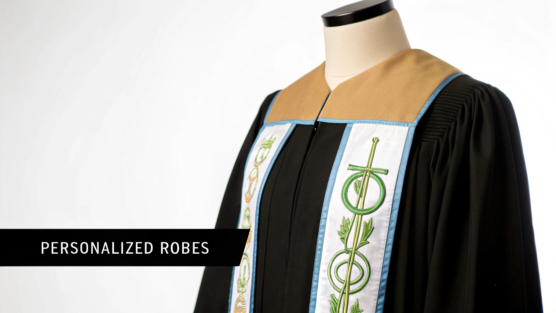 Close-up of a personalized black academic or clergy robe with a tan collar and green embroidered white stoles on a mannequin.