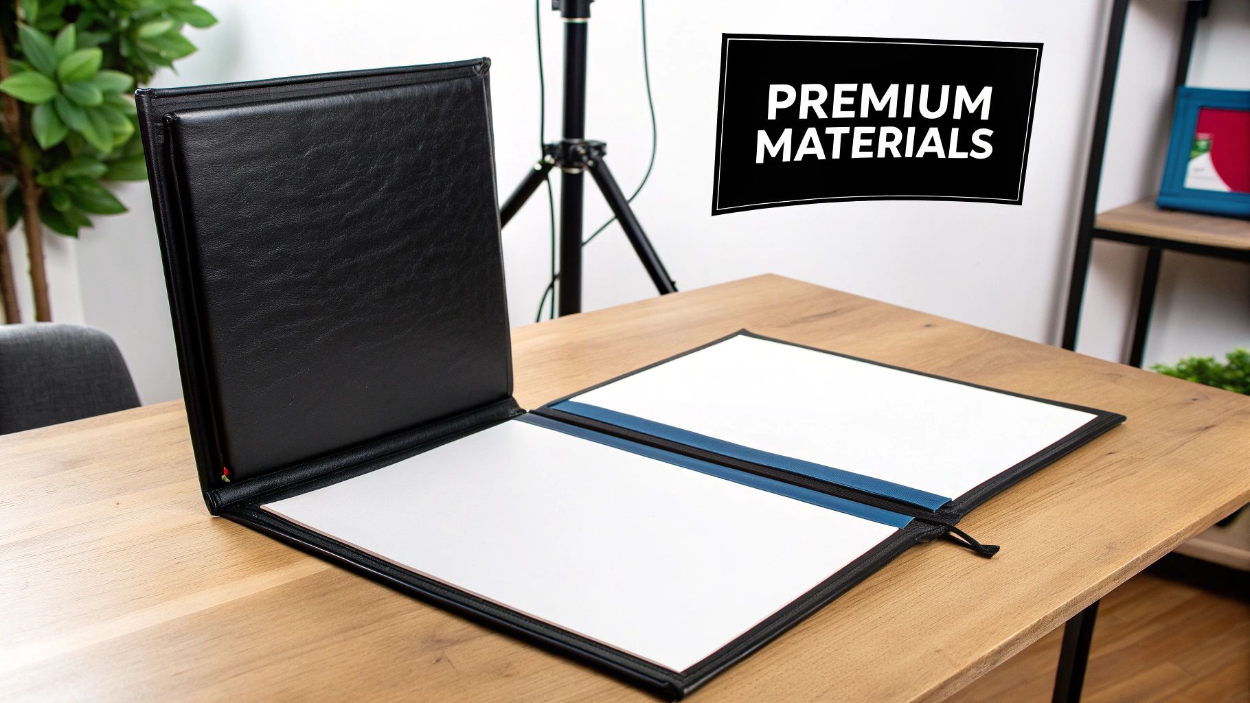 An open black custom diploma cover showcasing premium materials, resting on a wooden desk.