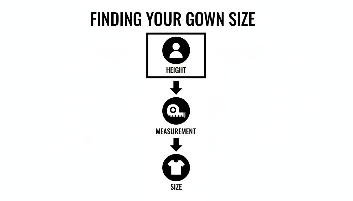 Flowchart illustrating the process of finding your gown size, starting with height, then measurement, leading to the final size.