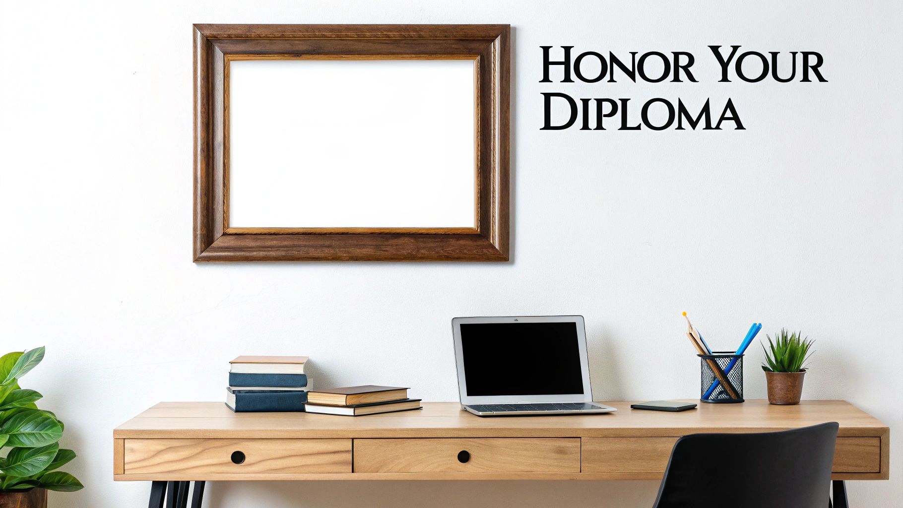Wooden diploma frame on a white wall above a tidy desk with a laptop, books, and office supplies.